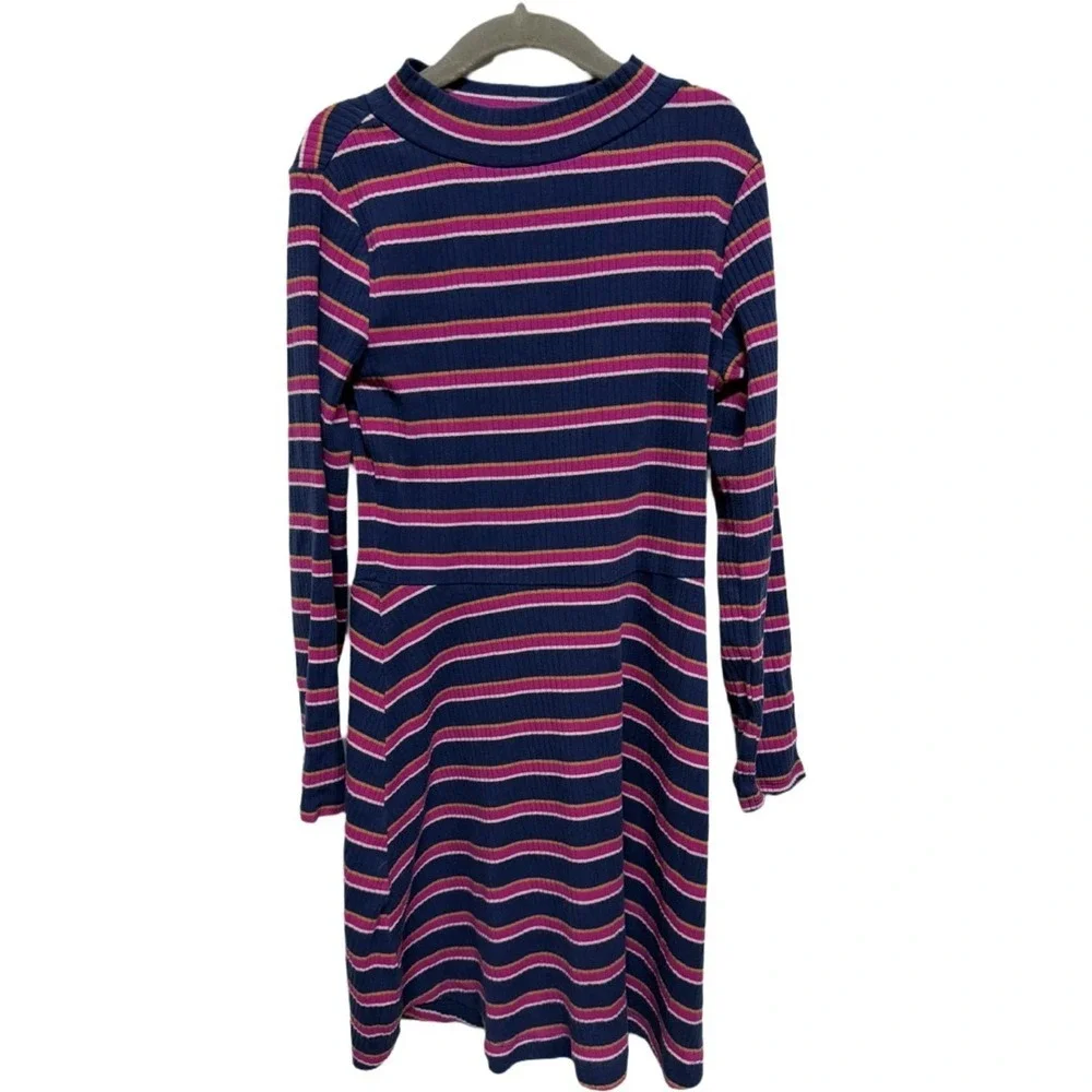 Carter's Girls Striped Dress 7 7A Blue Pink Long Sleeve Skater Knit Casual Fall